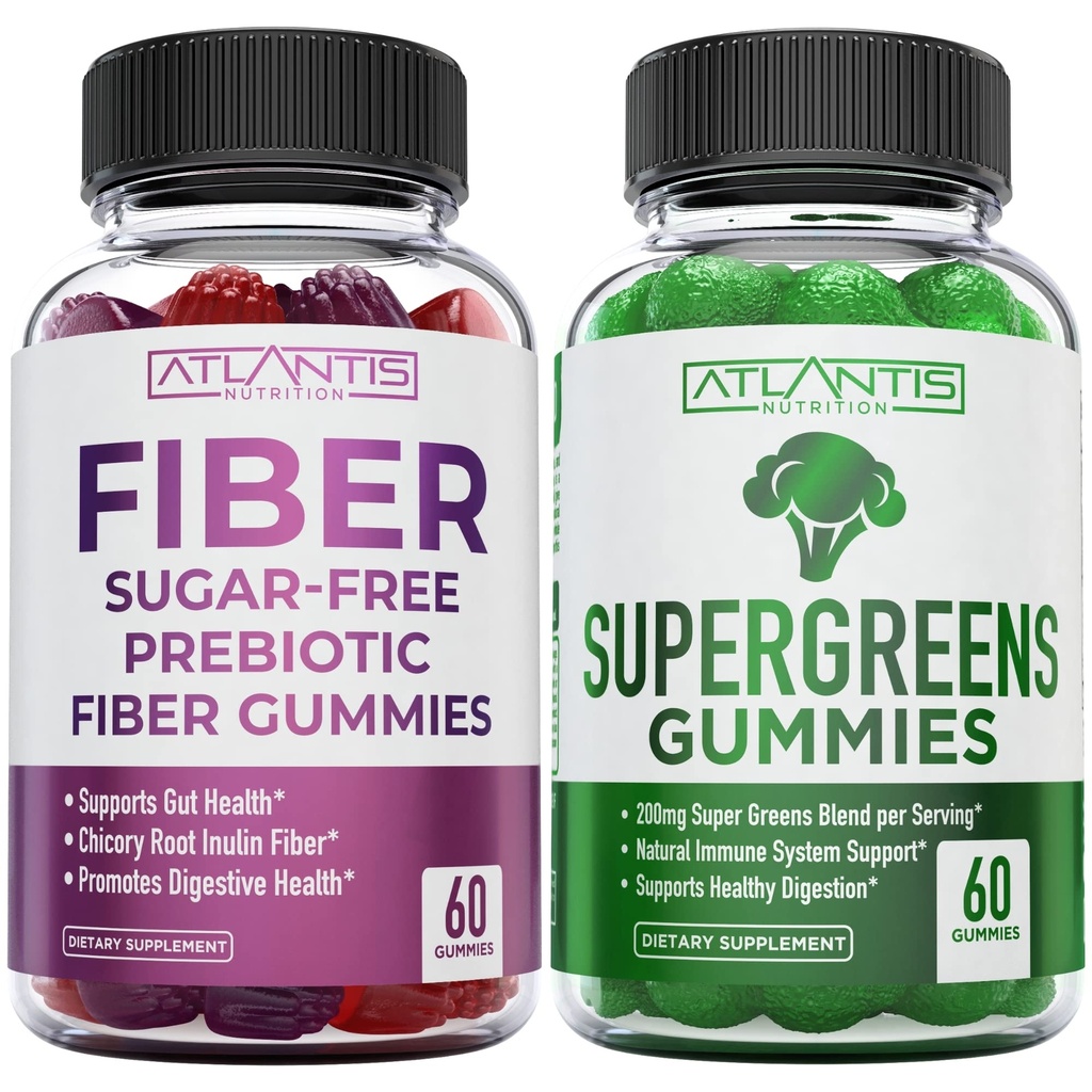 Atlantis Nutriţie Zahăr Gume Prebiotice Gratuite Fibră pentru adulţi 2-Pachet (120 Gume) + Supergreen 60 Gummies