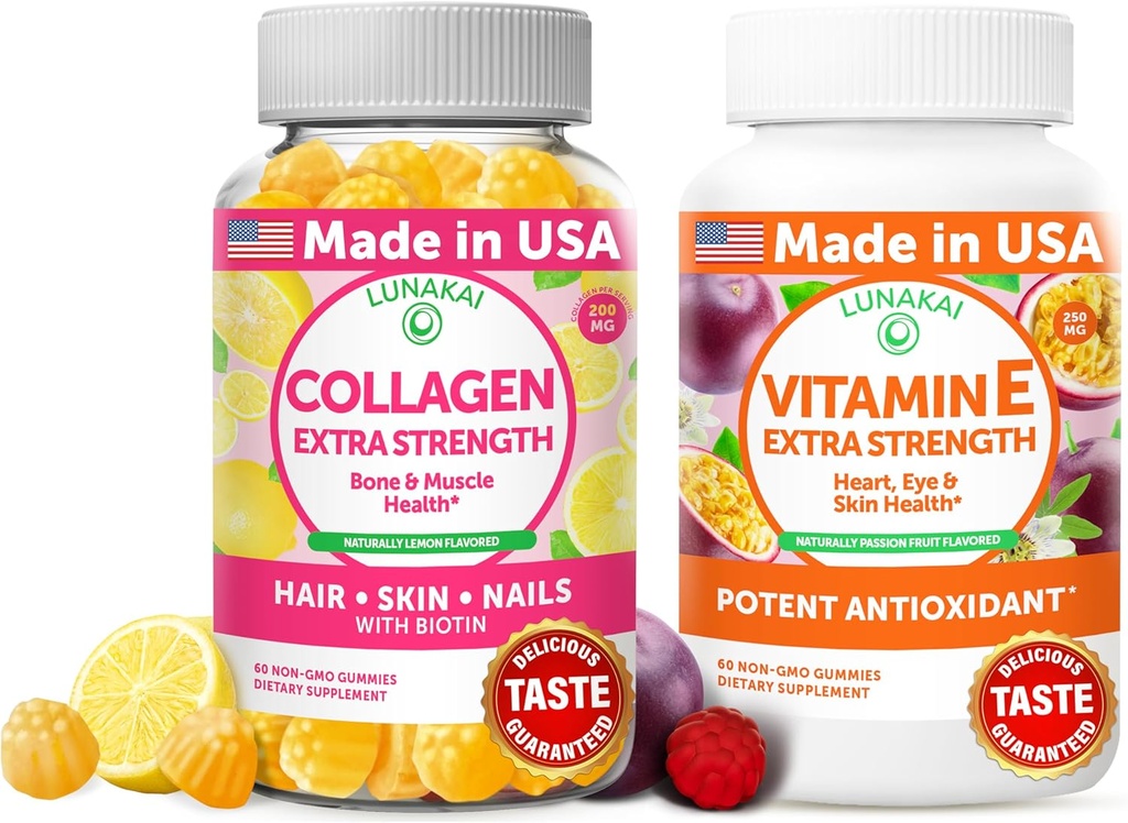 Lunakai Colagen și vitamina E Gummies Bundle - Suplimente anti-GMO pentru bărbați și femei - Gummy naturale cu vitamina C & 250 mg natural VIT E