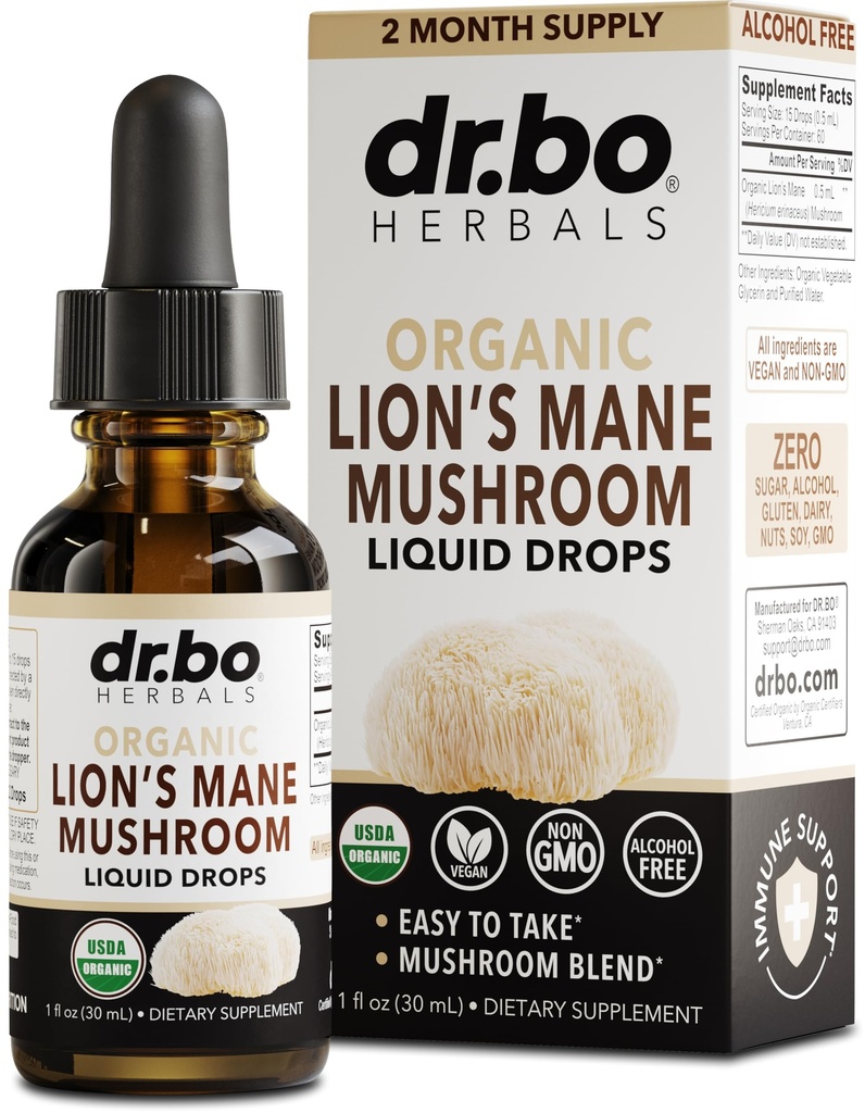 Lions Mane Ciuperca picaturi suplimentare - Organic Lion's Mane Ciuperca lichid pentru focus, Ceata Creier de sanatate Suplimente - Vegan Herbal Nervine Lei Organice Lions Supliment lichid Extract 1 oz