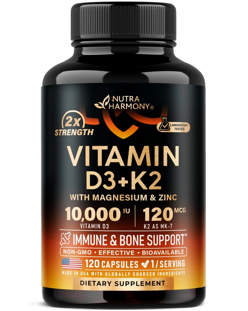 Vitamina D3 K2 - Vitamina D3 10000 ui & K2 ca MK-7 120 mcg - Immun & Mood Support, pentru sănătatea osoasă și a dinților - cu magneziu, zinc și vitamina C & B12 - Biodisponibil foarte mare - Made in USA, 120 Capsule