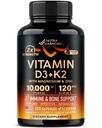 Vitamina D3 K2 - Vitamina D3 10000 ui & K2 ca MK-7 120 mcg - Immun & Mood Support, pentru sănătatea osoasă și a dinților - cu magneziu, zinc și vitamina C & B12 - Biodisponibil foarte mare - Made in USA, 120 Capsule