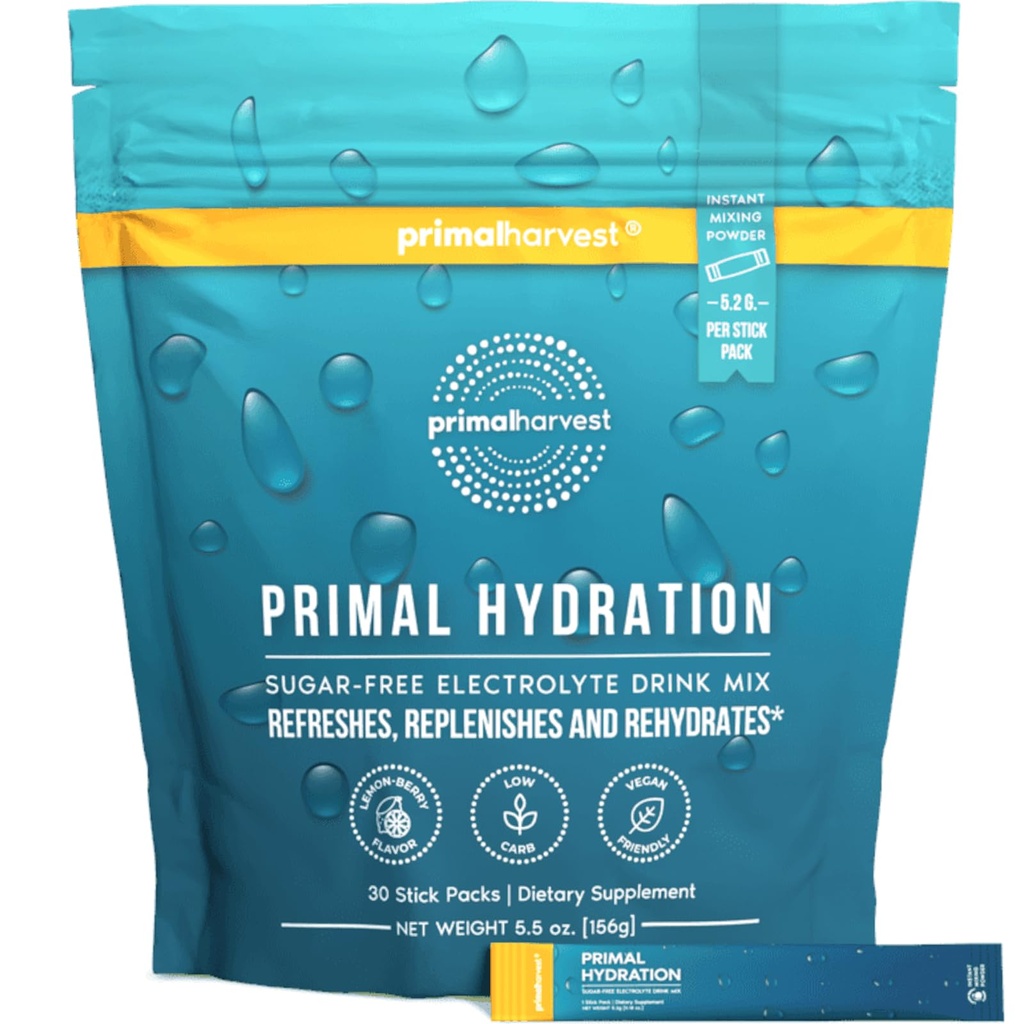 Primal Harvest Electroliti Pachete cu pulbere Hidratare primară, Pachete Easy Open, Energy Drink Mix (Lemon Berry, 30 Packs) (1 sac)