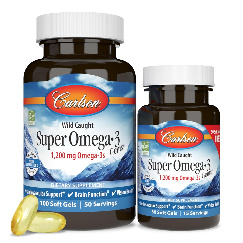 Carlson - Super Omega-3 Gems, 1200 mg Omega-3 Acidi grasi cu EPA si DHA, Supliment Norvegian salbatic-prins, Capsule cu ulei de peste Sustinabil sursa, Omega 3 Suplimente, 100+30 Softgels