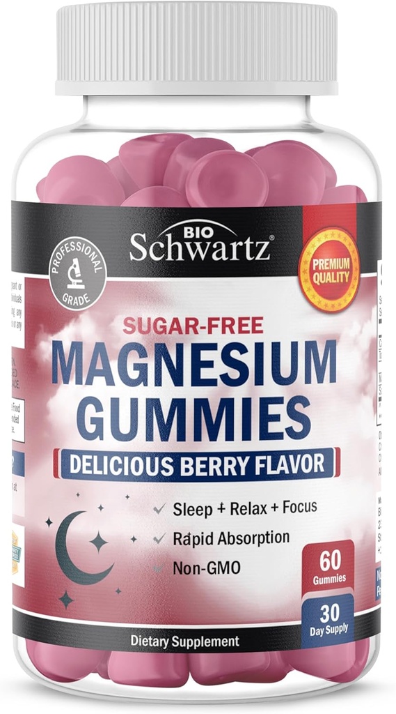 BioSchwartz Sugar Gratuit de magneziu Gummies (30 Servings) Berry aroma de magneziu Citrat Suplimentul de magneziu sustine sanatos nervi musculare energie calm stare de spirit si somn (Vegan Safe, Non OMG, 60 Gummies)