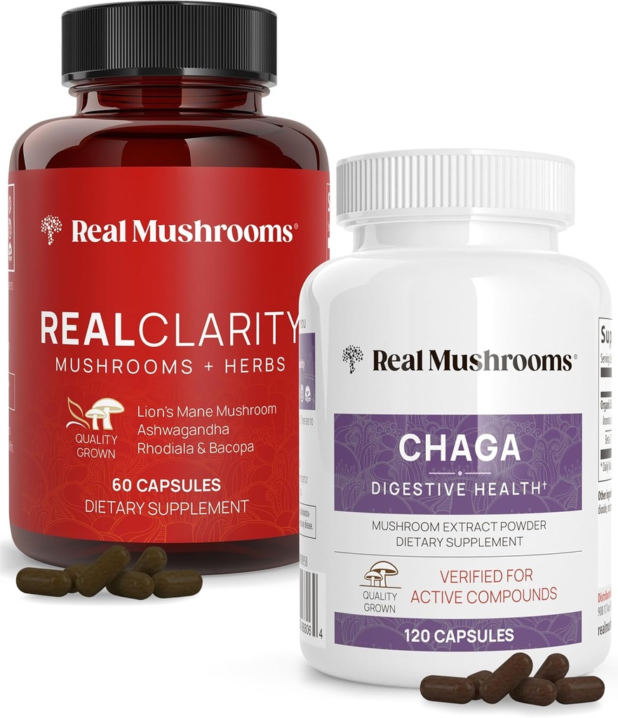 Ciuperci reale RealClarity (60ct) și Chaga (120ct) Capsule Bundle - supliment de ciuperci pentru Claritatea Mintala, Focus, Digestive Health & Immune Support - Vegan, Non-GMO, Niveluri verificate de Beta-Glucani
