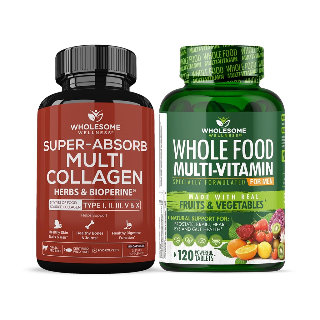 Pastilele multicolagen (tip I II III V X) pentru plante aromatice organice și bioperine + multivitamine alimentare integrale pentru bărbați - vitamine multiple naturale, minerale, extracte organice Bundle