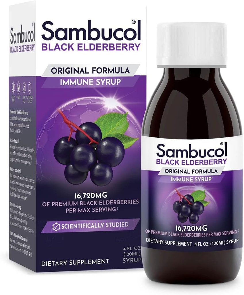Sambucol Black Elderberry Syrup - Sambucus Elderberry Syrup, Black Elderberry Liquid, Immune Support, Elderberry Syrup pentru copii și adulți, Antioxidanți mari, Gluten Free - Formula originală, 4 Fl Oz