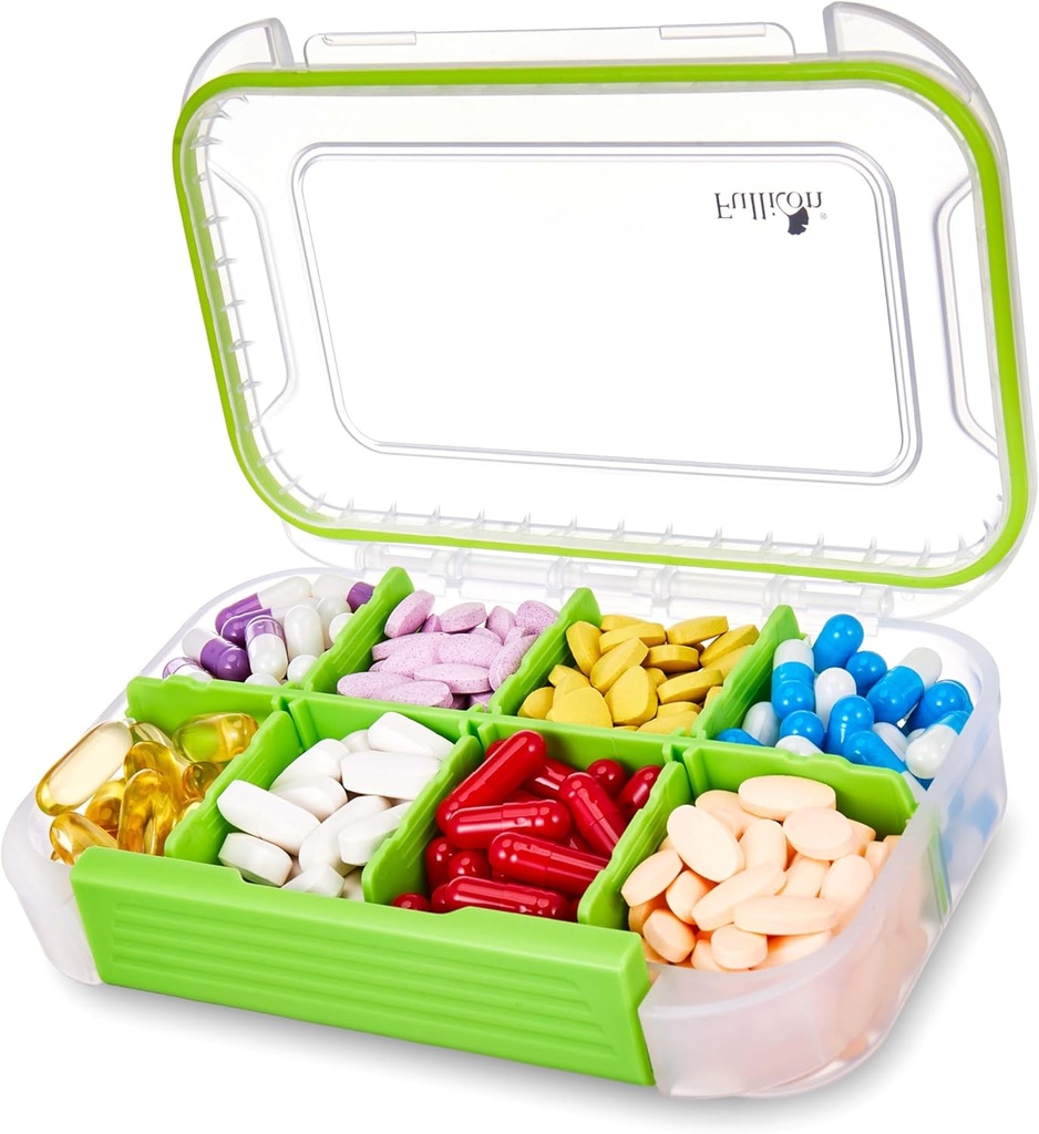 Fullicon Mare Pilula Organizator cu 8 Compartimente, Umiditate Dovada Pastile de călătorie cutie cu Divider detașabil, Daily Pill Containe cu Lables, Pilula caz pentru vitamina, ulei de pește, Supliment (Clear Green)