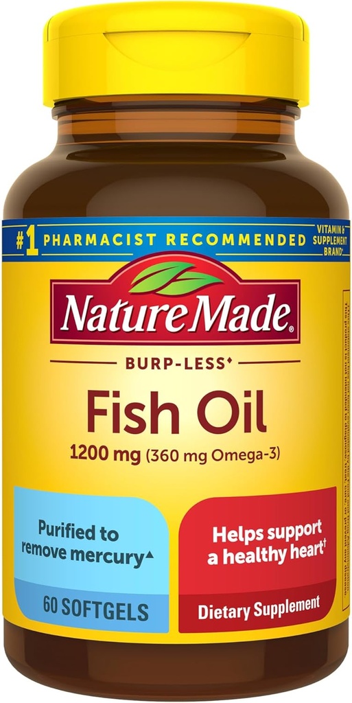 Natura făcut Burp mai puțin ulei de pește Omega 3 Suplimente, 1200 mg Softgels, EPA DHA Omega 3 Suplimente de ulei de pește pentru suport cardiac sănătos, 60 Softgels, 30 zile de aprovizionare
