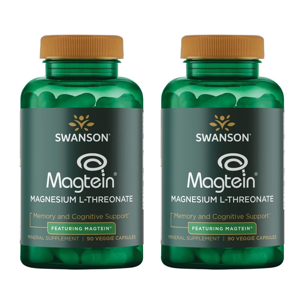 Swanson Magneziu L-Treonat - Suplimentul mineral Promovarea sănătății sistemului nervos - Poate sprijini sănătatea cognitivă, învățare și memorie - (90 Capsule vegetale) (2 ambalaj)