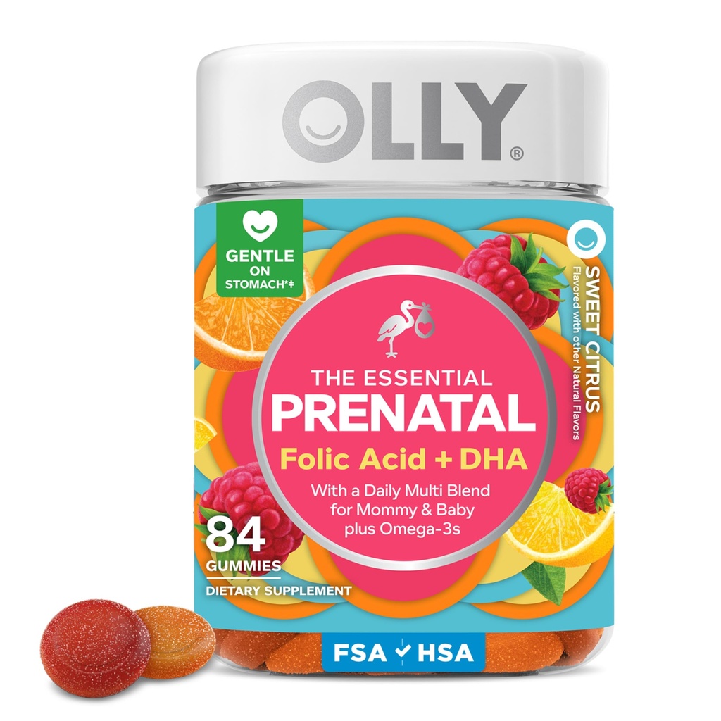 OLLY Essential Gummy Multivitamine, Acid folic, Vitamina D, Omega 3 DHA, Sustine cresterea sanatoasa si dezvoltarea creierului, Citrus Berry - 84 Conte