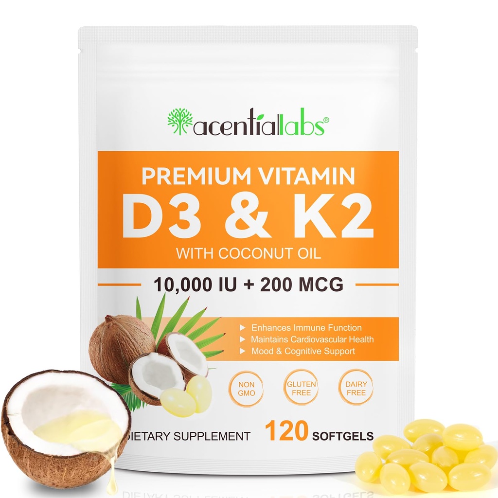 Vitamina D3 K2 Supliment Softgels, 10000 UI VIT D3 + 200 MCG K2 (MK-7) 