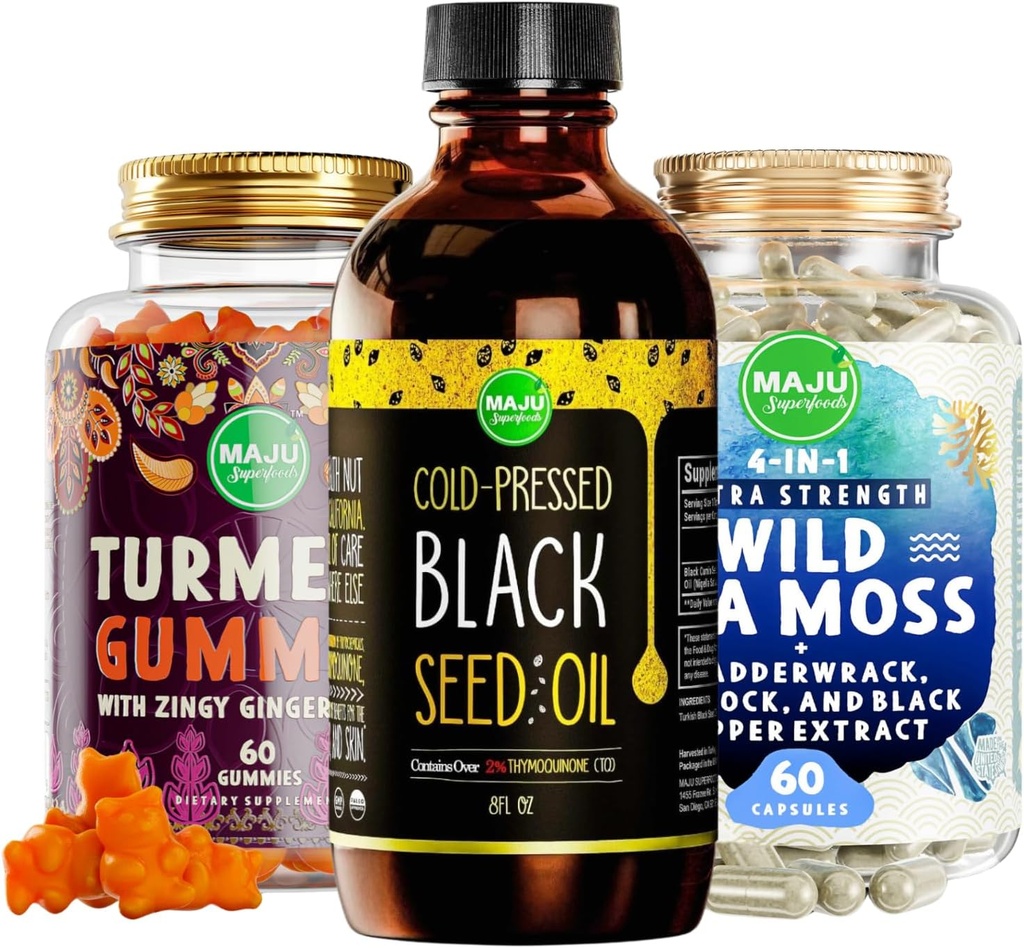 Maju Superfoods Black Seed Oil, 4-in-1 Sea Moss Capsule și Curcumin Turmeric Ginger Gummies Bundle