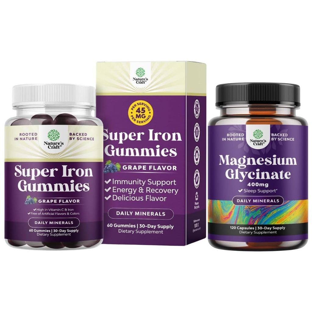 Bundle de Gume de fier delicioase pentru femei şi bărbaţi - Supliment de fier pentru femei şi bărbaţi cu vitamina C pentru absorbţie mai mare şi pur magneziu Glycinate 400 mg per servire pentru somn în stare de spirit şi relaxare