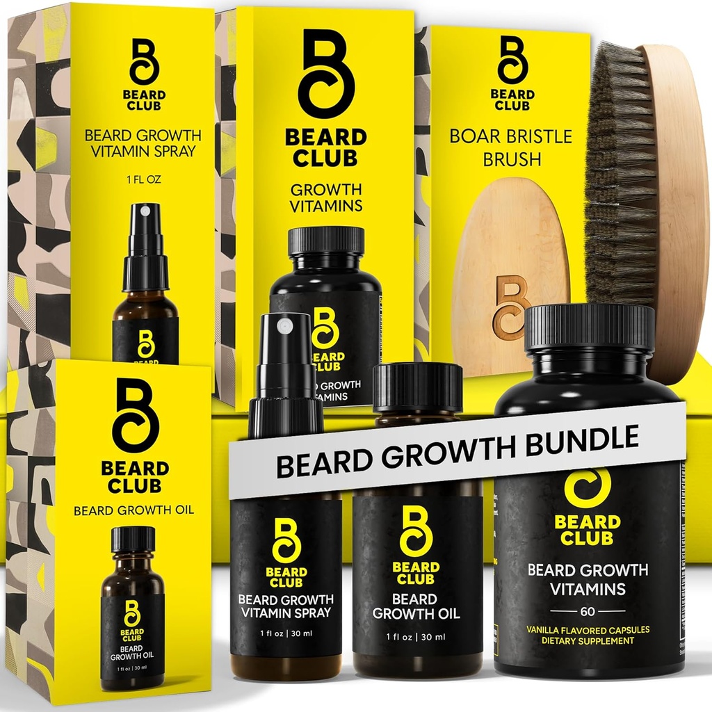 Barbă Club Premium Barbă de creștere Kit - ulei de creștere, vitamine, vitamina Spray & Bor Bristle Perie - Set cadou
