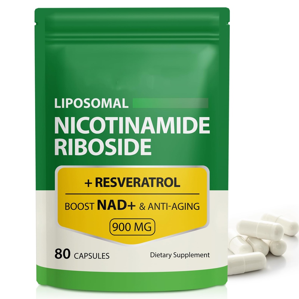 Suplimentul NAD, 900 mg - Nicotinamidă lipozomală Ribozidă NAD + Supliment cu Resveratrol sprijină musculare, creier, energie celulară - NMN Supliment alternativ pentru bărbați și femei, 80 capsule (Pachet de 1)