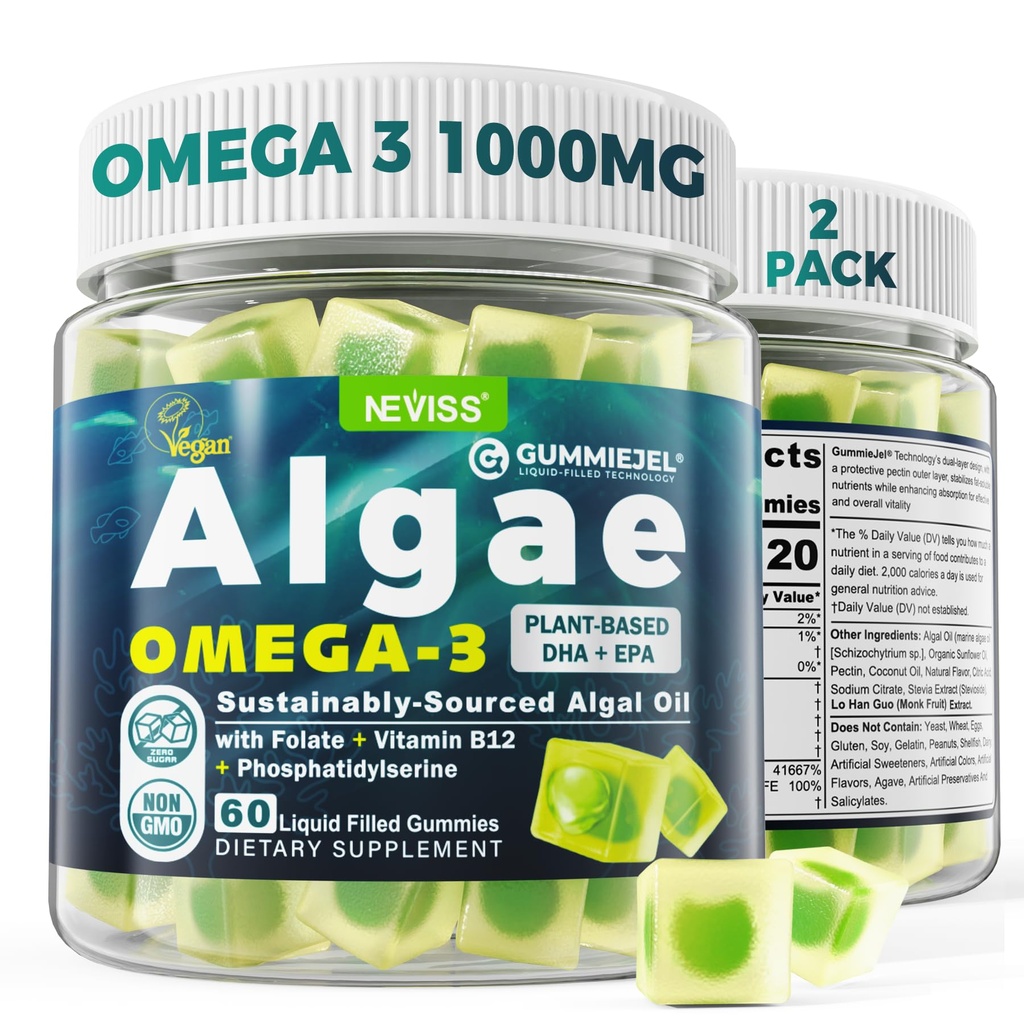 2 Pack Algae Omega 3 Gumries 1000mg, Plant based DHA 460mg & EPA 230mg, Omega 3 Ulei de pește Alternative pentru adulți, Plus metilFolat, Vitamina B12, Fosfatidilserină, Fără gust de pește, Vegan, Zahăr gratuit