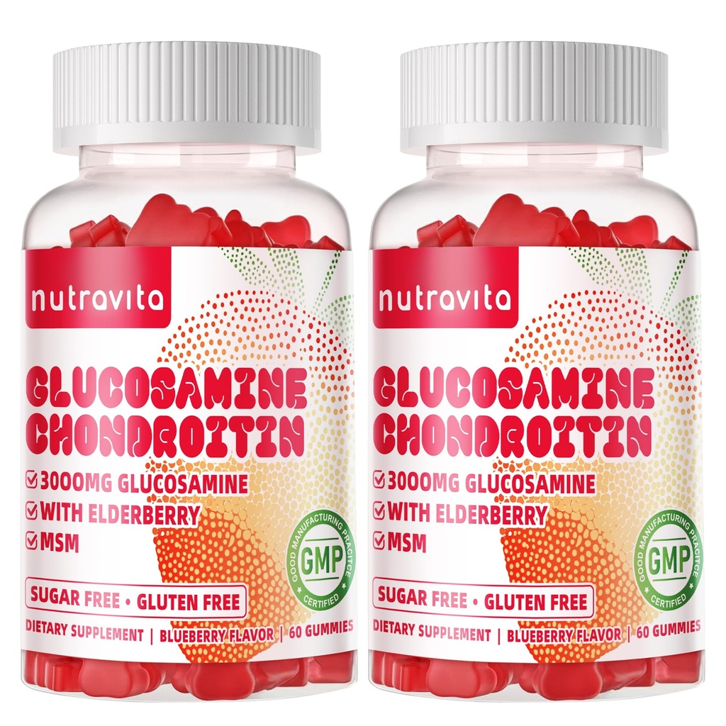 Nutravita Glucosamine Chondroitin Gummies cu MSM & Elderberry Extra Force - Suport comun, Suport Immun Antioxidant pentru Adulți, Bărbați și Femei. 120 de căpșuni