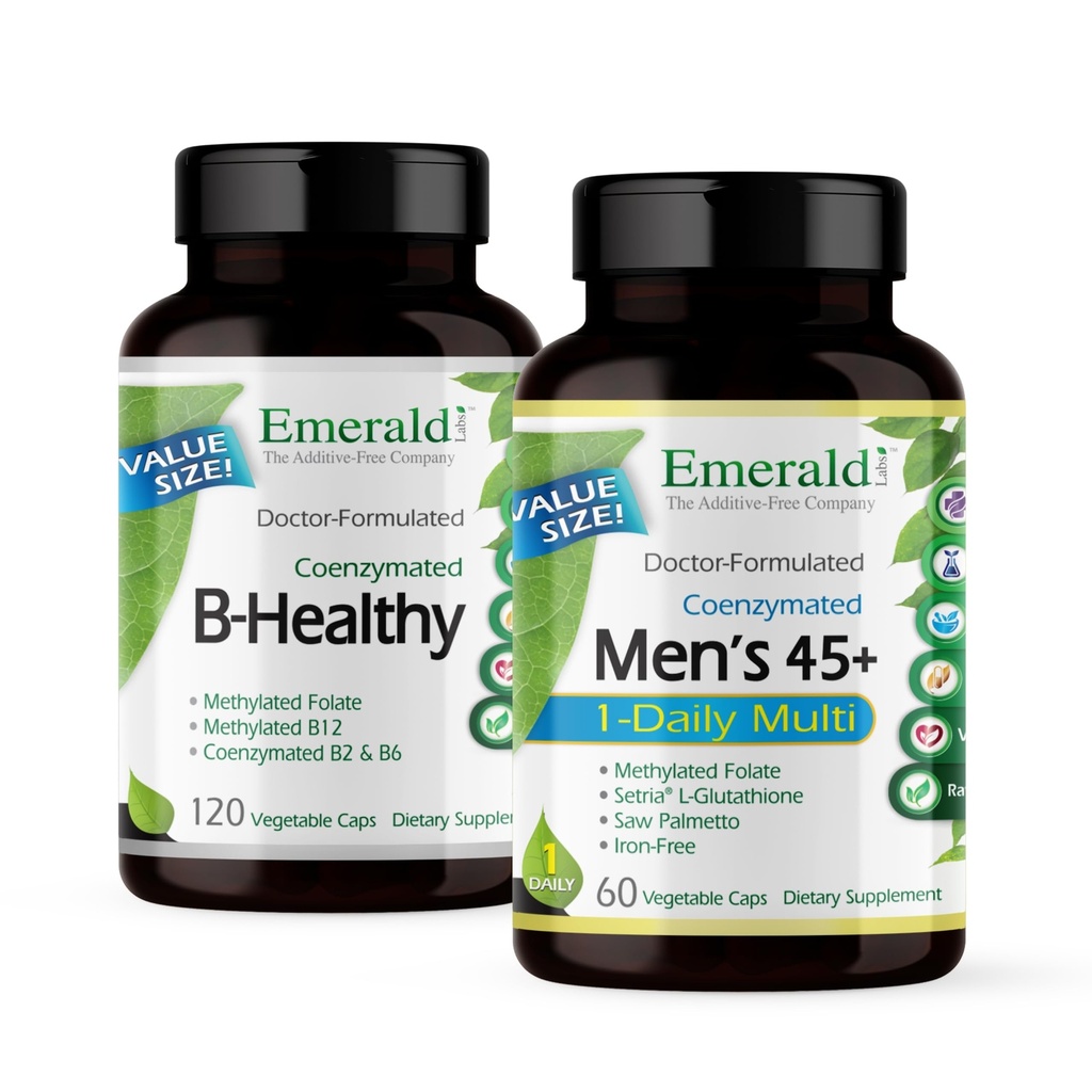 EMERALD LABS Bundle with B Healthy (120 Veg Caps) & Men's 45+ 1-Daily Multi (60 Veg Caps) - Vegan Vitamina B Complex with Full Spectrum B Vitamins - Men's Multivitamine with CoQ10, Lycopene & More