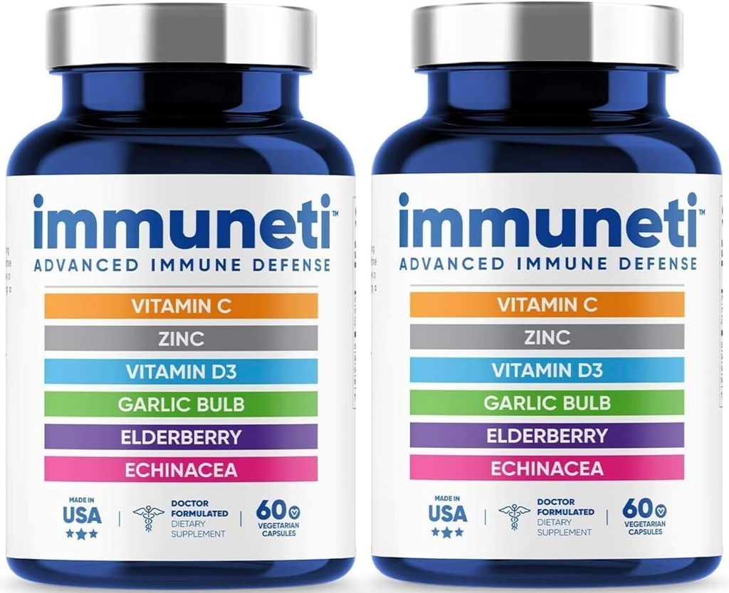 Imunti - Advanced Immune Defense, 6-in-1 puternic amestec de vitamina C, vitamina D3, Zinc, Elderberberries, Usturoi Bulb, Echinacea - 2 Pack - Sprijină sănătatea generală