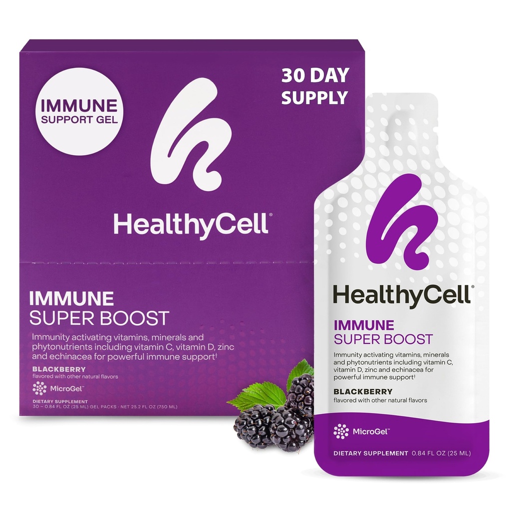 Healthycell Immune Super Boost Daily Liquid Supplement - Supliment de suport imun pentru adulţi cu Echinacea, Elderberry, Vitamina C, Vitamina D, Calciu & Zinc - 30 Gel Packs