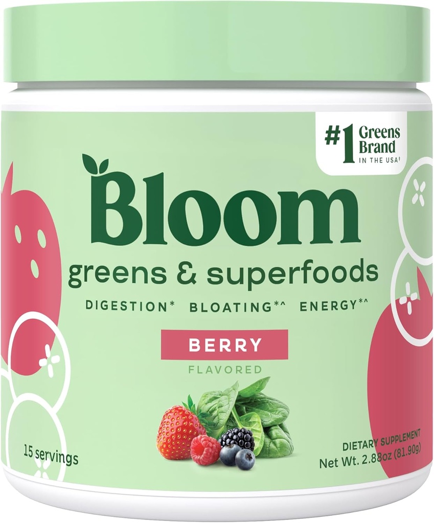 Bloom Nutrition Superfood Greens Powder, Digestive Enzymes w/Probiotics & Prebiotics, Gut Health, Blooting Relief for Women, Chlorella, 15 SVG (15 Servings (Pachet de 1), Berry)