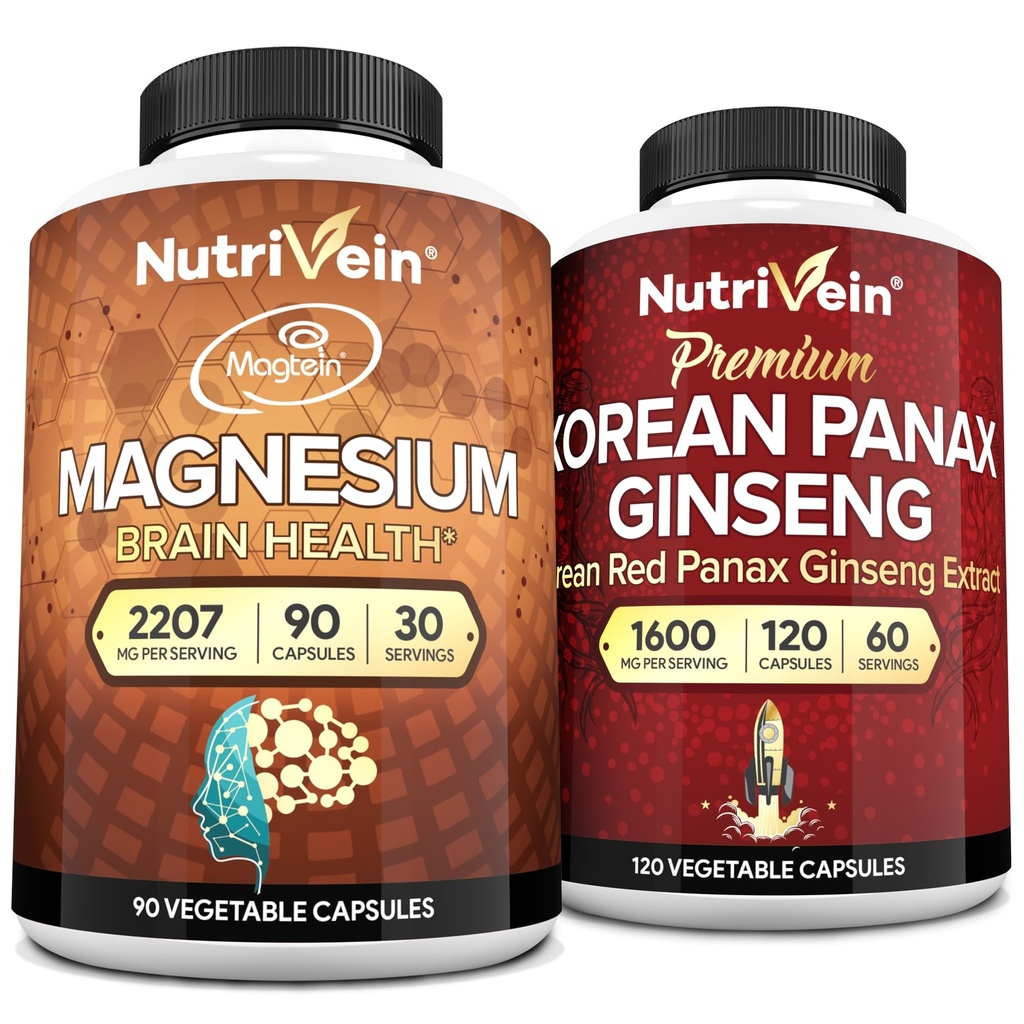 Nutrivein Premium Magneziu L-Threonat și Panax Ginseng Supliment Bundle: Threonat de magneziu de înaltă absorbție și Red Ginseng supliment pereche pentru creier, Mood, & Vitality