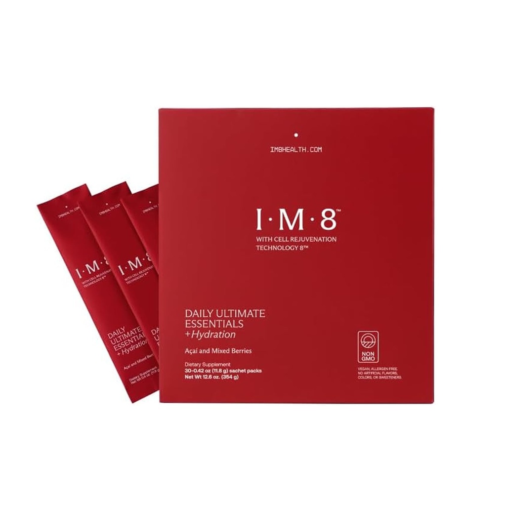 IM8 Daily Ultimate Essentials All-in-One Multivitamine Supplement, 92 Nutrient Rich Ingredients CoQ10, Probiotice, Vitamine, Verzi, Gluten Free, Vegan, Acai Mixed Berry (30 Servings, Travel Packs)