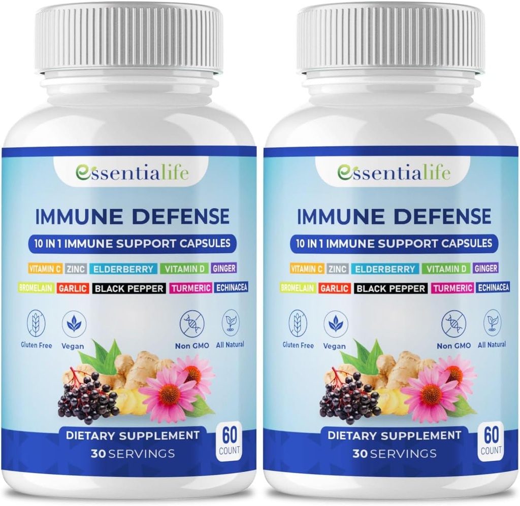 Suplimentul de suport imun - 2 cutii 10 din 1 Elderberry, Echinacea, Vitamina D, Vitamina C 1000mg & Zinc - cu Booster imun pentru adulţi - 120 Vitamine Capsule