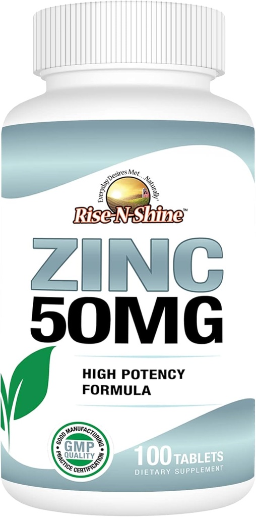 Rise-N-Shine 50 Mg Suplimente de zinc - Supliment de sprijin imun - Antioxidant de mare potenta - 100 zile de aprovizionare (100 comprimate)