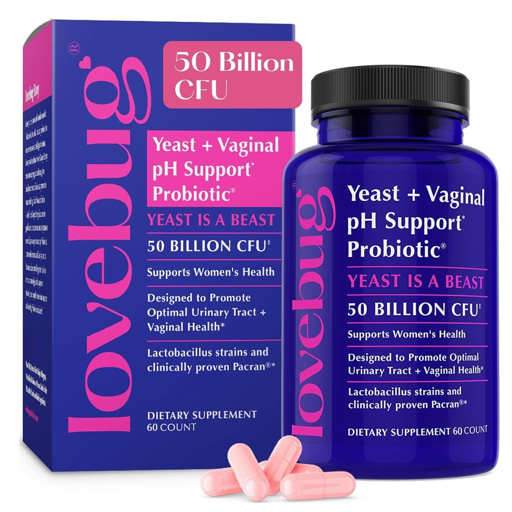 Lovebug Yeast and Vaginal Probiotics for Women pH Echilibru & tract urinar, 50 Miliarde CFU, UTI, BV, Odor Support with Lactobacillus, Bifidobactery, Digestive & Vaginal Health Supplement 60 Capsule