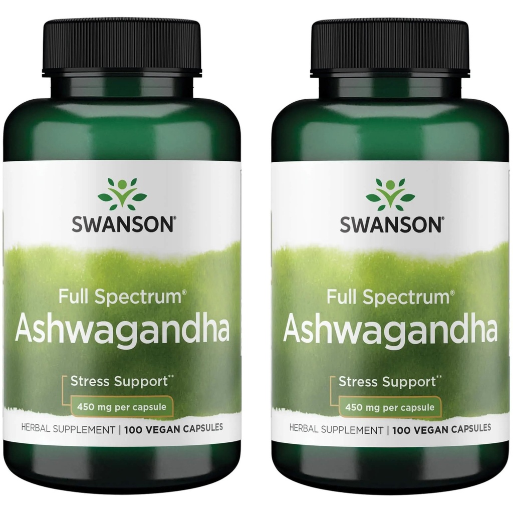 Swanson Ashwagandha Powder Supliment - cu Ashwagandha Root pentru a promova Stres Relief & Energy - Ayurvedic Supliment pentru Wellness Natural (100 capsule, 450 mg Fiecare) 2 ambalaj