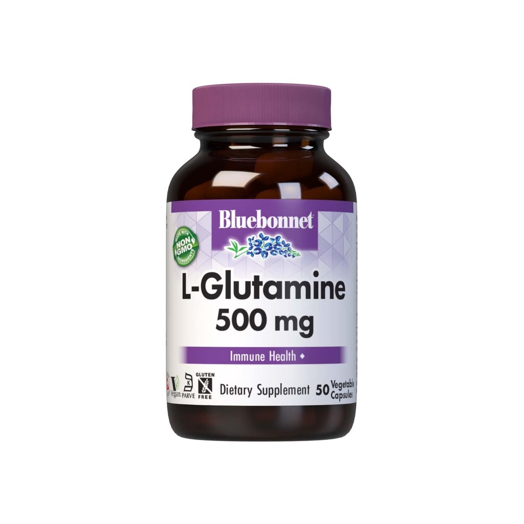 Bluebonnet Nutritie L-Glutamine 500mg, Suporte Functie Imuna, Transportator de azot, Soy & Gluten-Free, Non-GMO, Kosher Certified, Vegan, 50 Capsule vegetale, Alb, 50 Conte
