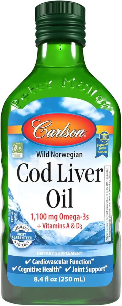 Carlson - Cod Ulei de ficat 1100 mg Omega-3s Plus Vitamine A & D3 - Wild Caught EPA DHA Omega 3 Supliment - Norvegian Arctica, Sustenabil surse de ulei de pește nordic lichid, fără aromă, 250 ml (8,4 Fl Oz)