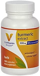 Vitamina Shoppe Extract Turmeric 300mg, Standardizat Herb care sprijină sănătatea celulară și oferă beneficii antioxidante cu 95% Curcumina și 65mg de calciu (100 capsule)