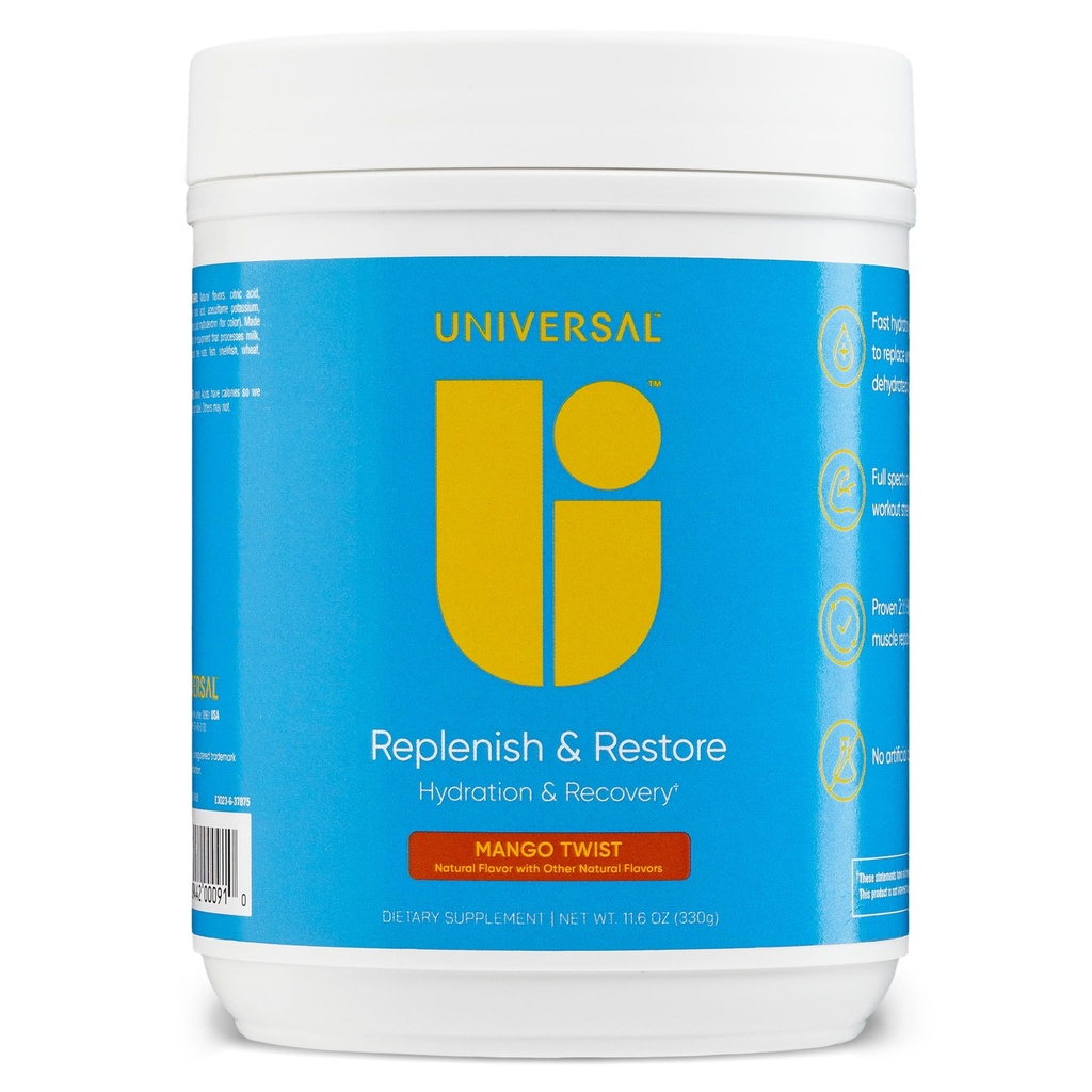 Universal U Replenish & Recuperare pulbere, Hidratare & Recovery, Promoveaza repararea si cresterea muschilor, dozare personalizata, L-Lysine, L-Glutamină, L-Tryptofan, Fără arome artificiale, 30 Servings (Mango Twist)
