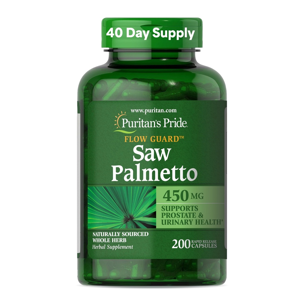Puritan Pride Flow GuardTM Saw Palmetto Extract 450mg, Natural Whole Herb Traditional Herbal Dietary Supplement for Mens Prostate and urinaral Health Support, 200 capsule de eliberare rapidă