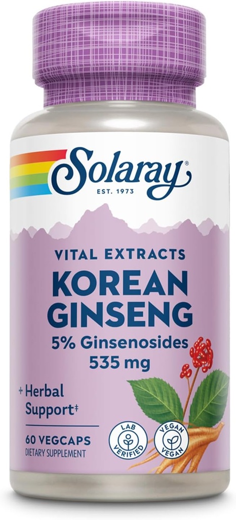 SOLARAY Korean Ginseng Root Extract - Herbal Support for Occasional Stress, Energy, and Physical Endurance - 5% Ginsenosides - Vegan, Lab Verified - 60 Servings, 60 VegCaps