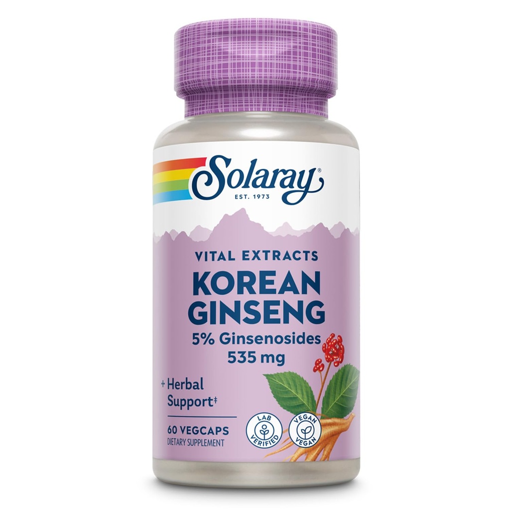 SOLARAY Korean Ginseng Root Extract - Suport vegetal pentru stresul ocazional, energie, si rezistenta fizica - 5% Ginsenozide - Vegan, Lab Verified - 60 Servings, 60 VegCaps