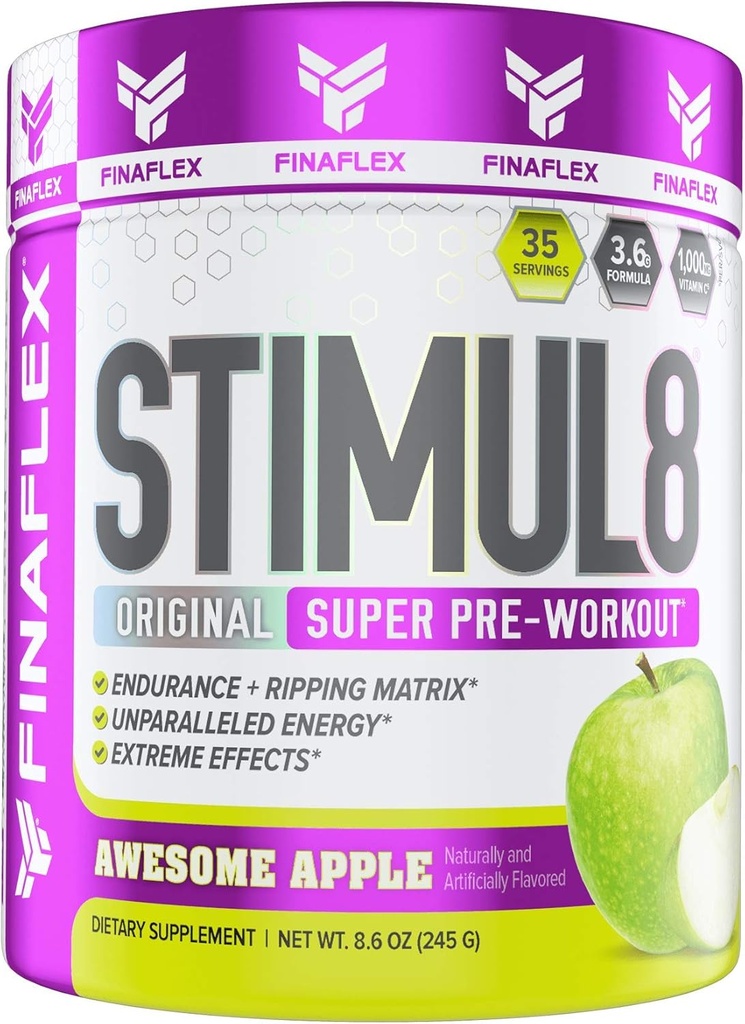 FINAFLEX STIMUL8 Original Super Pre- Workout, Awesome Apple - Energie, Putere și Rezistență pentru bărbați și femei - cu cafeina, Beta-Alanina și vitamina C - 35 Serviri