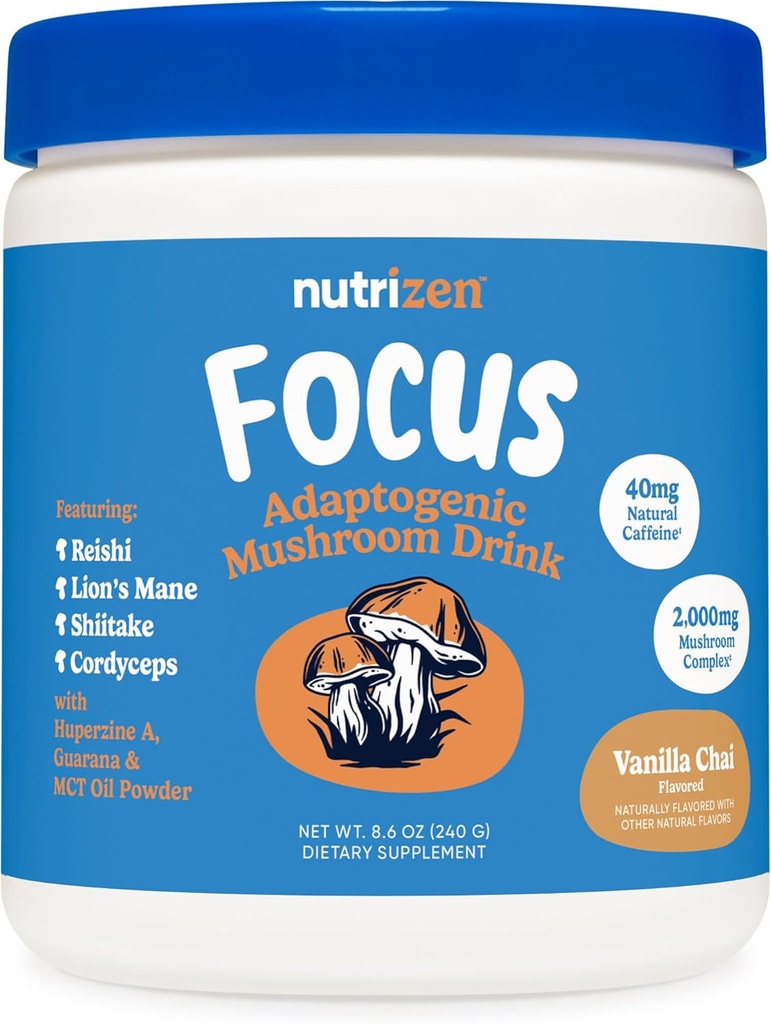 Nutricost Nutrizen AM Focus Adaptogene Mushroom Drink (Vanilla Chai Aromated) 30 Servings - Include Reishi, Lion's Mane, Shiitake, Cordyceps