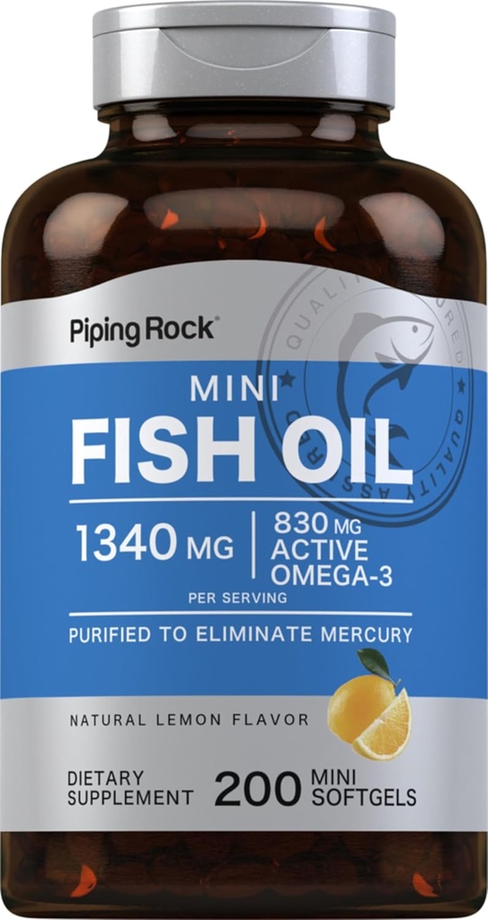 Piping Rock Mini Fish Oil 1340mg | 200 Softgels | Omega-3 Supplement for Men & Women | Lemon Flavor | Non-GMO and Gluten Free