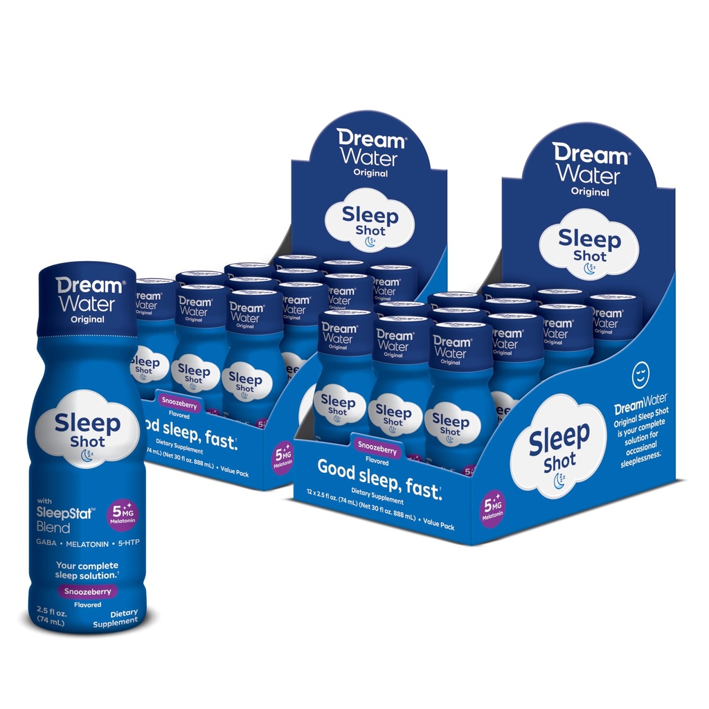 Dream Water Natural Sleep Aid, GABA, MELATONIN, 5-HTP, 2,5oz Shot, Snoozeberry, 24 Count Economy Pack