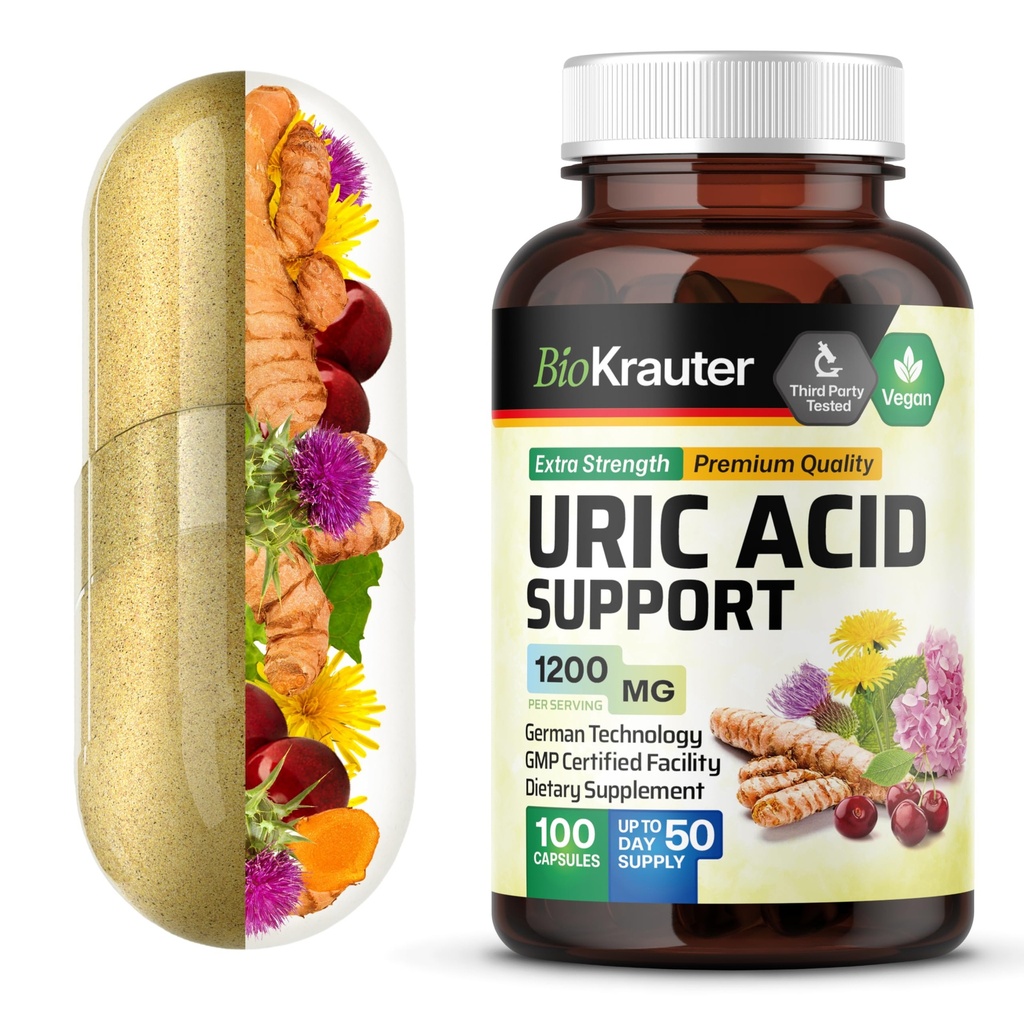 BIO KRAUTTER capsule de susţinere a acidului uric 1200 mg Blend - 100 Conte - Supliment renal w/Tart Cherry 10:1 Extract de muls de lapte şi extract de turmeric - Vegan