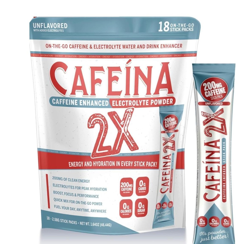 CAFEINA 2X - 200mg Cafeina si Electrolyte Infuzat Pachete cu pulbere (18 Conte)