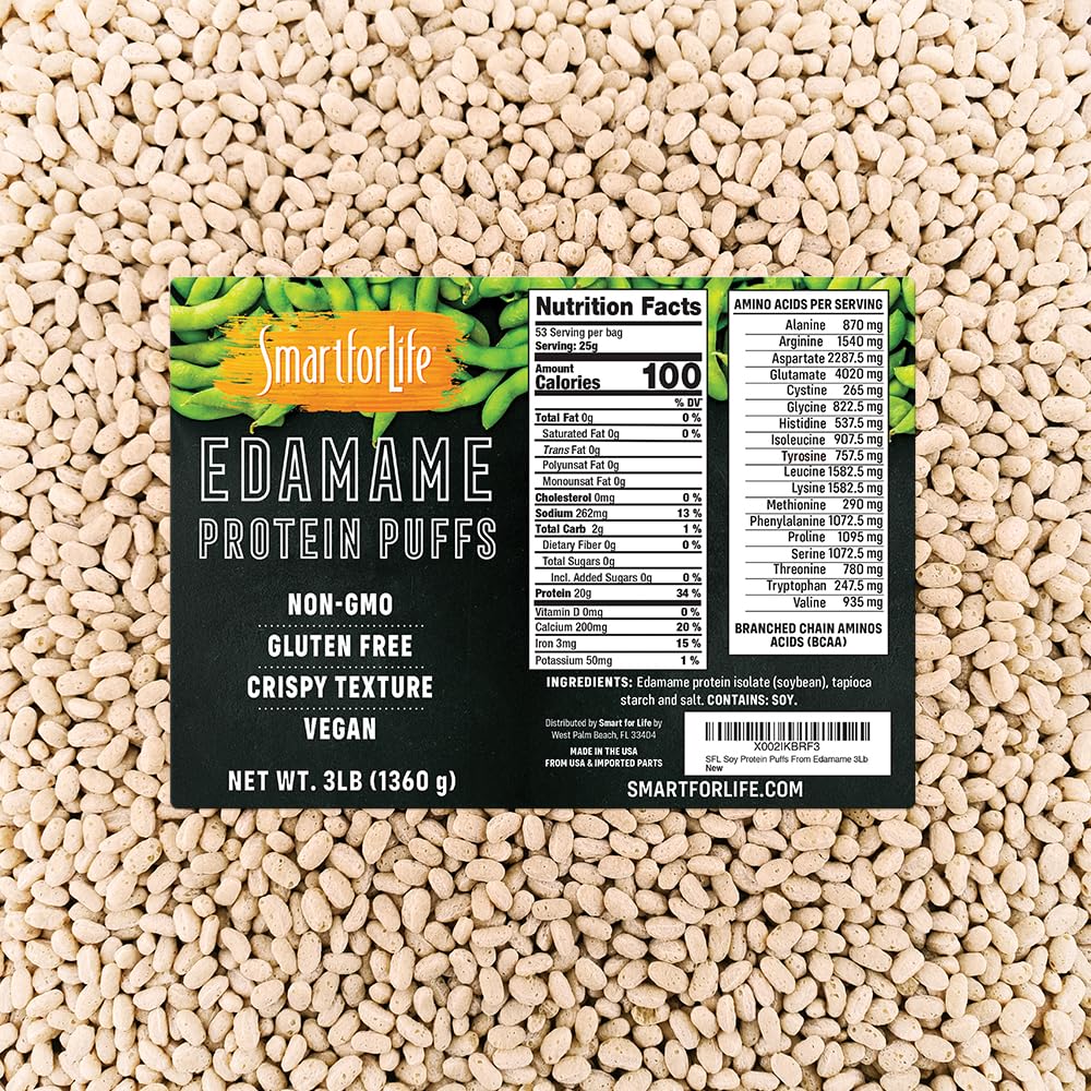 Inteligent pentru viață Puffs de proteine de soia de la Edamamame - Proteine de mare Proteine Zero Sugar Soy Izolat Puffs - 20 Grams proteine Snacks - non-GMO, Gluten-Free - 3 Pound Box - 53 Serviri - Soy Puffs...