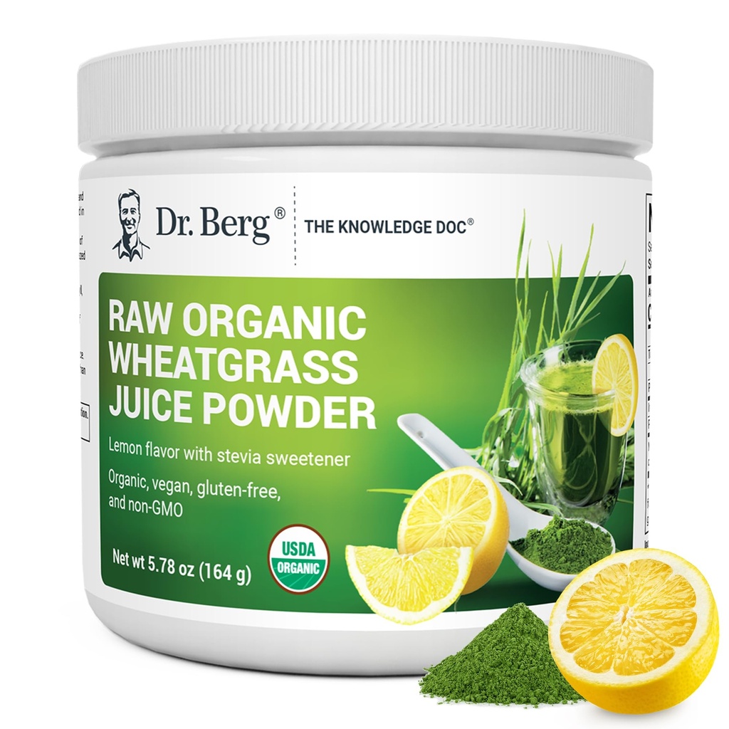Dr. Berg USDA Certified Organic Green Powder Superfood (60 Servings) - Made with Raw Wheatgrass, Clorofill, Trace Minerals & Natural Enzymes - Non-GMO Green Superfood Powder - Lemon Flavor