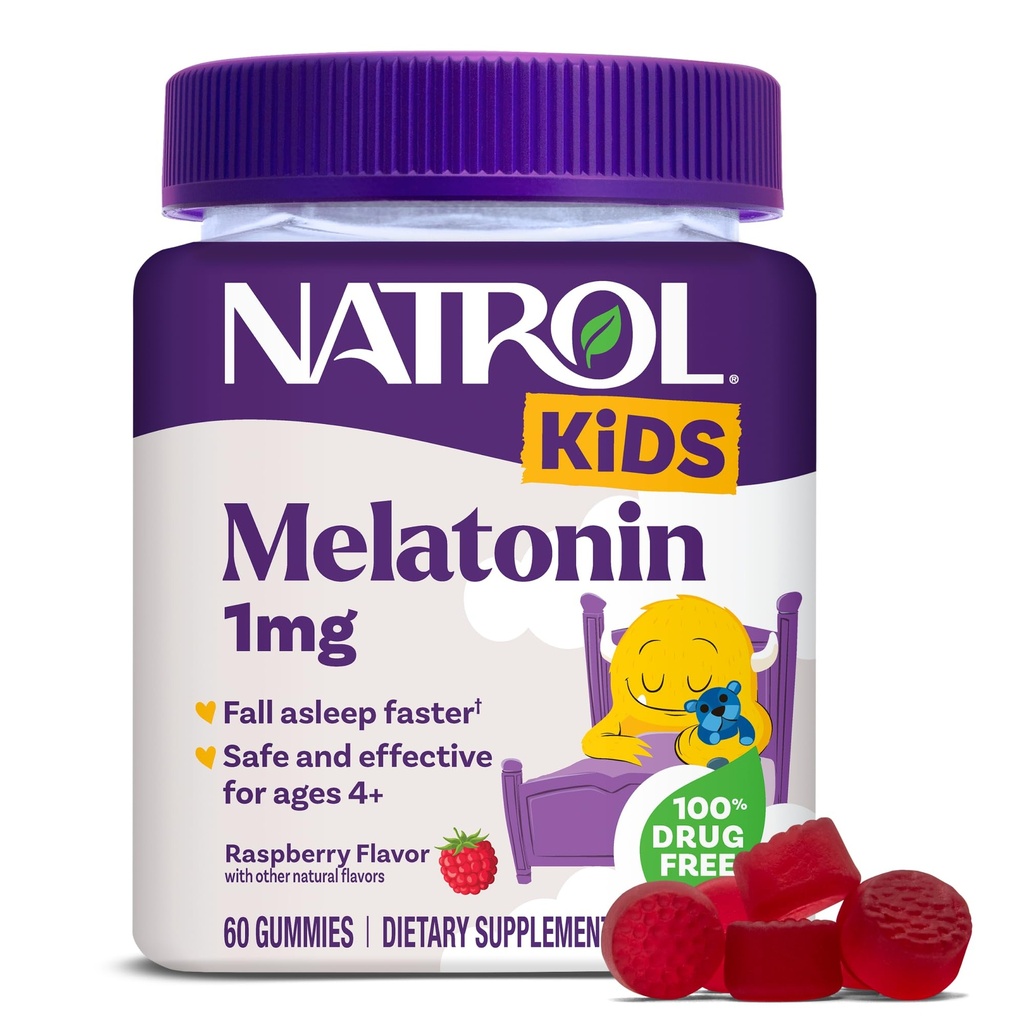 Natrol Kids Melatonin Gummies 1mg, Melatonina pentru copii pentru somn odihnitor, 60 Zmeură-Flavored Sleep Gummies, 60 de zile de aprovizionare