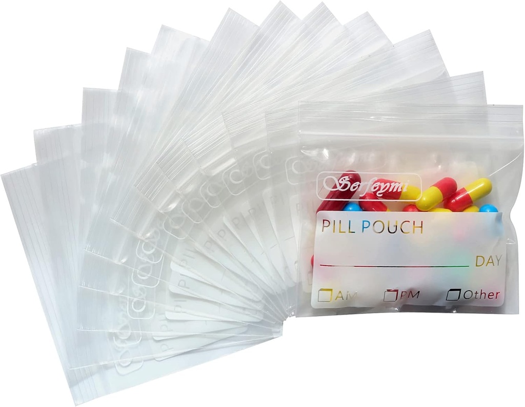 Serfeymi Pill Bags for Travel Pill Pouch Organizer Pack of 120 BPA Free 3 x 2,75 inch Pastile reutilizabile pentru medicamente cu scrie pe eticheta & Zipper Seal impermeabil AM PM pastile pentru suplimente