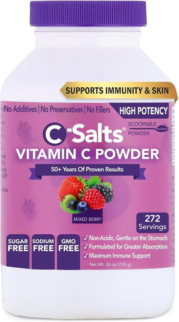 C-Salts Vitamina C pulbere Supliment - 100% pură pură doză Buffered Vitamina C pulbere pentru suport imunitar - Organic, Sugar-Free, Vegan, non-GMO, Stomac-Prieten, mixt Berry 26oz